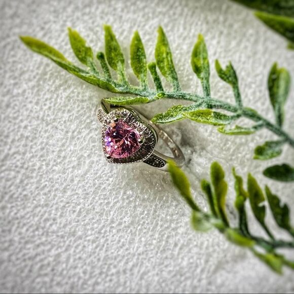 Sterling Silver Halo Pink Clear CZ Heart Ring 4 - Picture 2 of 5